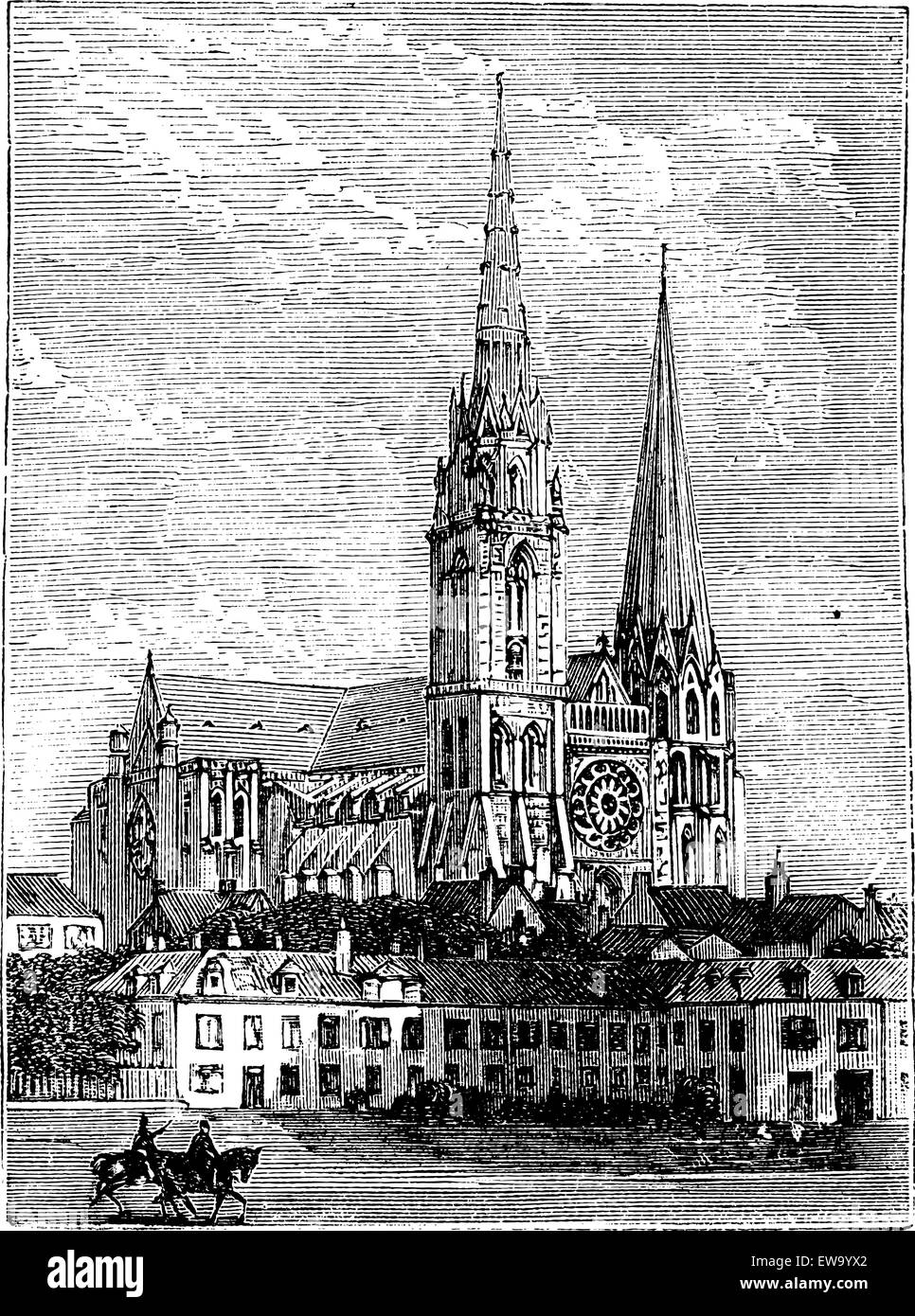 La cathédrale de Chartres, à Chartres, France, pendant les années 1890, gravure d'époque. Vieille illustration gravée de la cathédrale de Chartres. Illustration de Vecteur