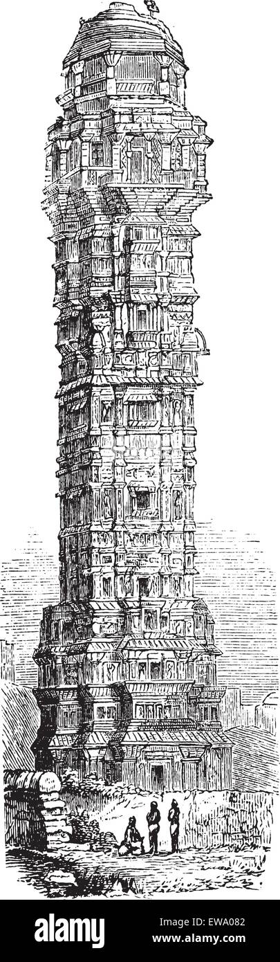 Tour de victoire dans Chittorgarh, Rajahstan, en Inde, au cours des années 1890, vintage la gravure. Vieille illustration gravée de la tour o Illustration de Vecteur