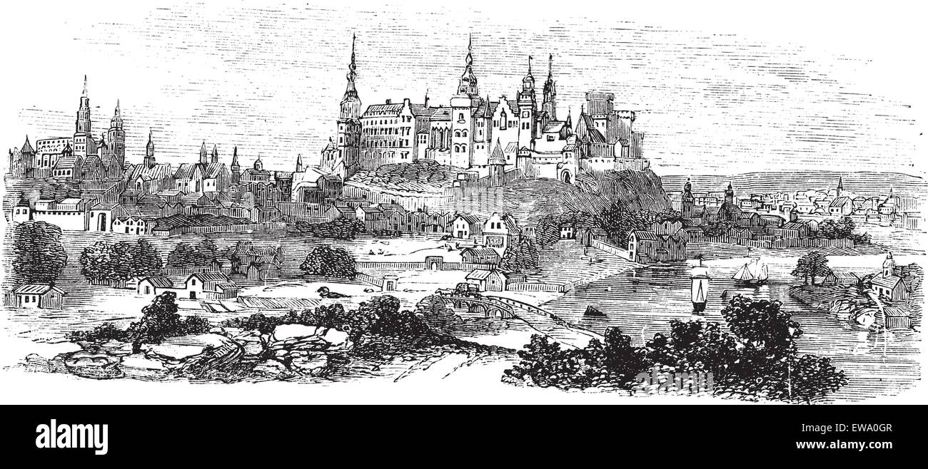 Le château de Wawel ou Château Royal de Cracovie, en Pologne, au cours des années 1890, vintage la gravure. Vieille illustration gravée du château de Wawel. Illustration de Vecteur