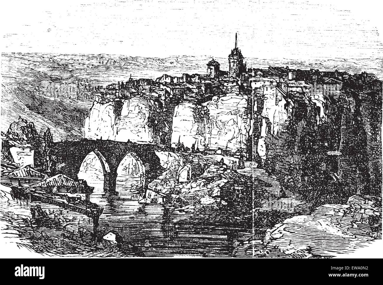 Cuenca en Espagne, pendant les années 1890, gravure d'époque. Vieille illustration gravée de Cuenca. Illustration de Vecteur