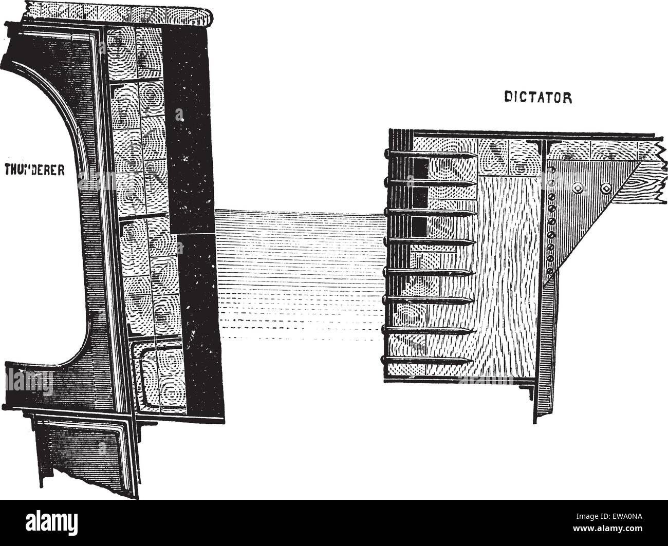 Les sections transversales du HMS Thunderer et l'USS dictateur, vintage engraved illustration. Encyclopédie Trousset (1886 - 1891). Illustration de Vecteur