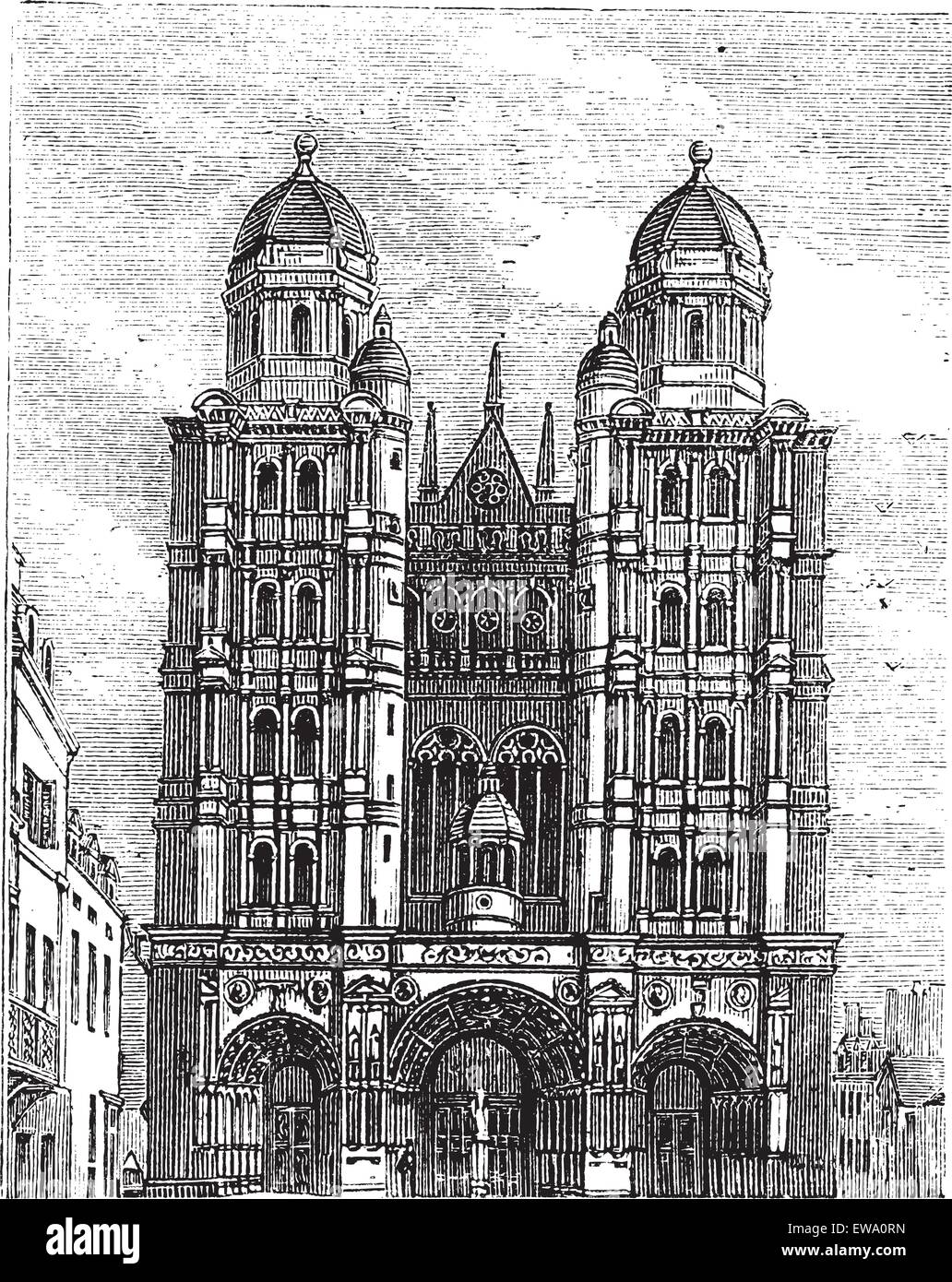 Cathédrale de Dijon en Bourgogne, France, pendant les années 1890, gravure d'époque. Vieille illustration gravée de la Cathédrale de Dijon. Illustration de Vecteur