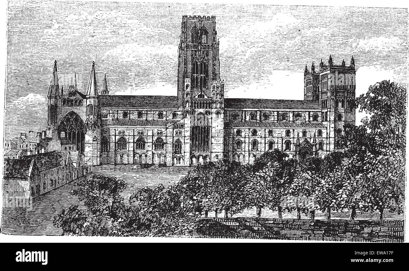 Cathédrale de Durham en Angleterre, Royaume-Uni, durant les années 1890, gravure d'époque. Vieille illustration gravée de la cathédrale de Durham. Illustration de Vecteur