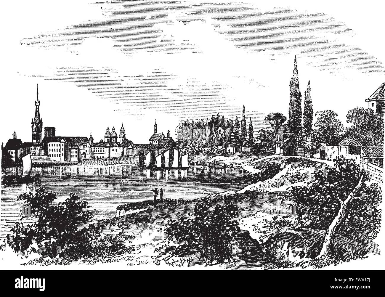 Dusseldorf en Rhénanie du Nord-Westphalie, en Allemagne, au cours des années 1890, vintage la gravure. Vieille illustration gravée de Dusseldorf. Illustration de Vecteur