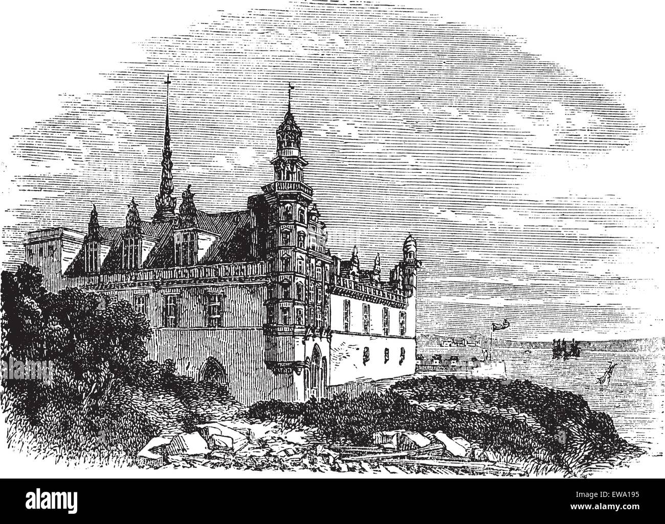 Le Château de Kronborg à Helsingor, Danemark, au cours des années 1890, vintage la gravure. Vieille illustration gravée du Château de Kronborg. Illustration de Vecteur