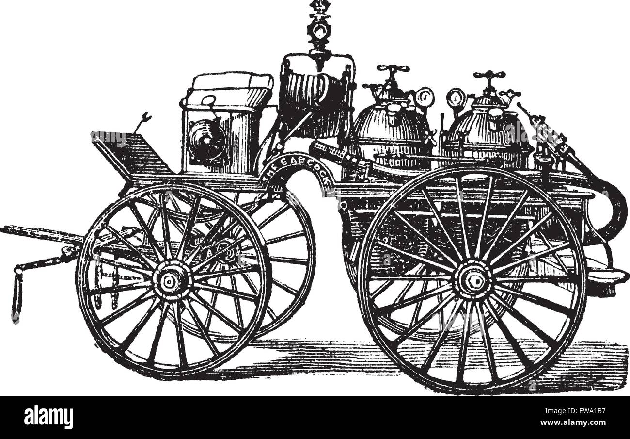 L'incendie-Wagon, vintage engraved illustration. Encyclopédie Trousset (1886 - 1891). Illustration de Vecteur