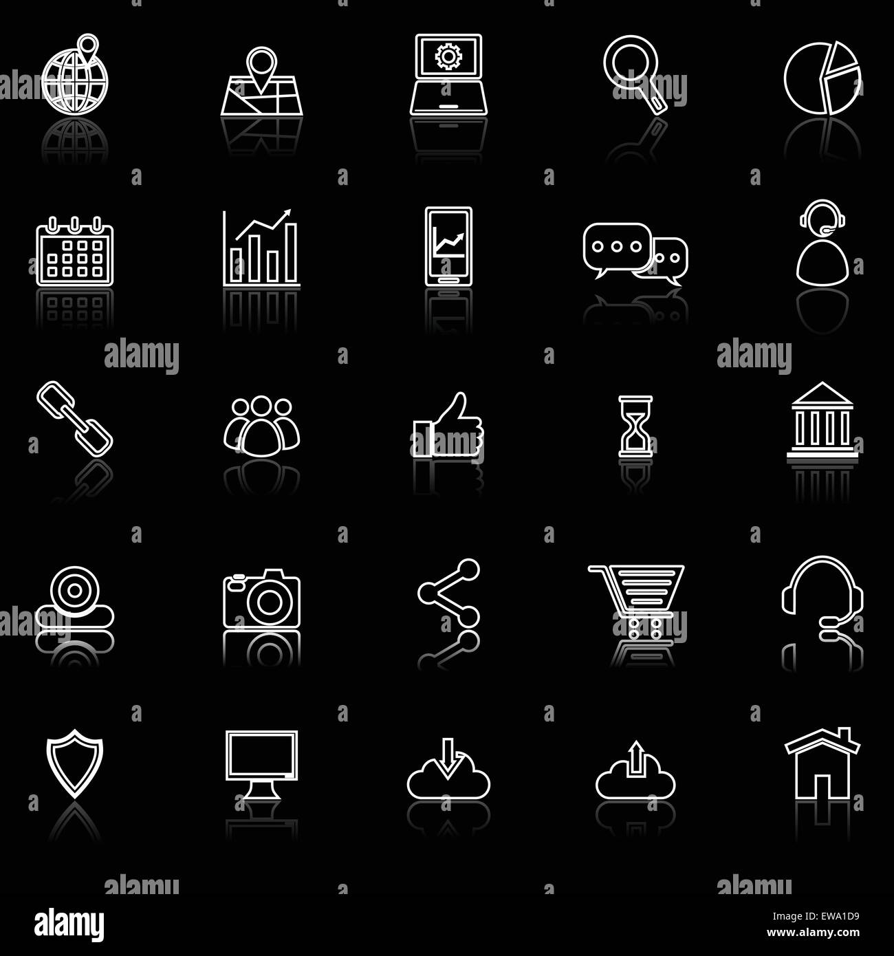Icônes de ligne de SEO avec réfléchir sur noir, vecteur d'actions Illustration de Vecteur