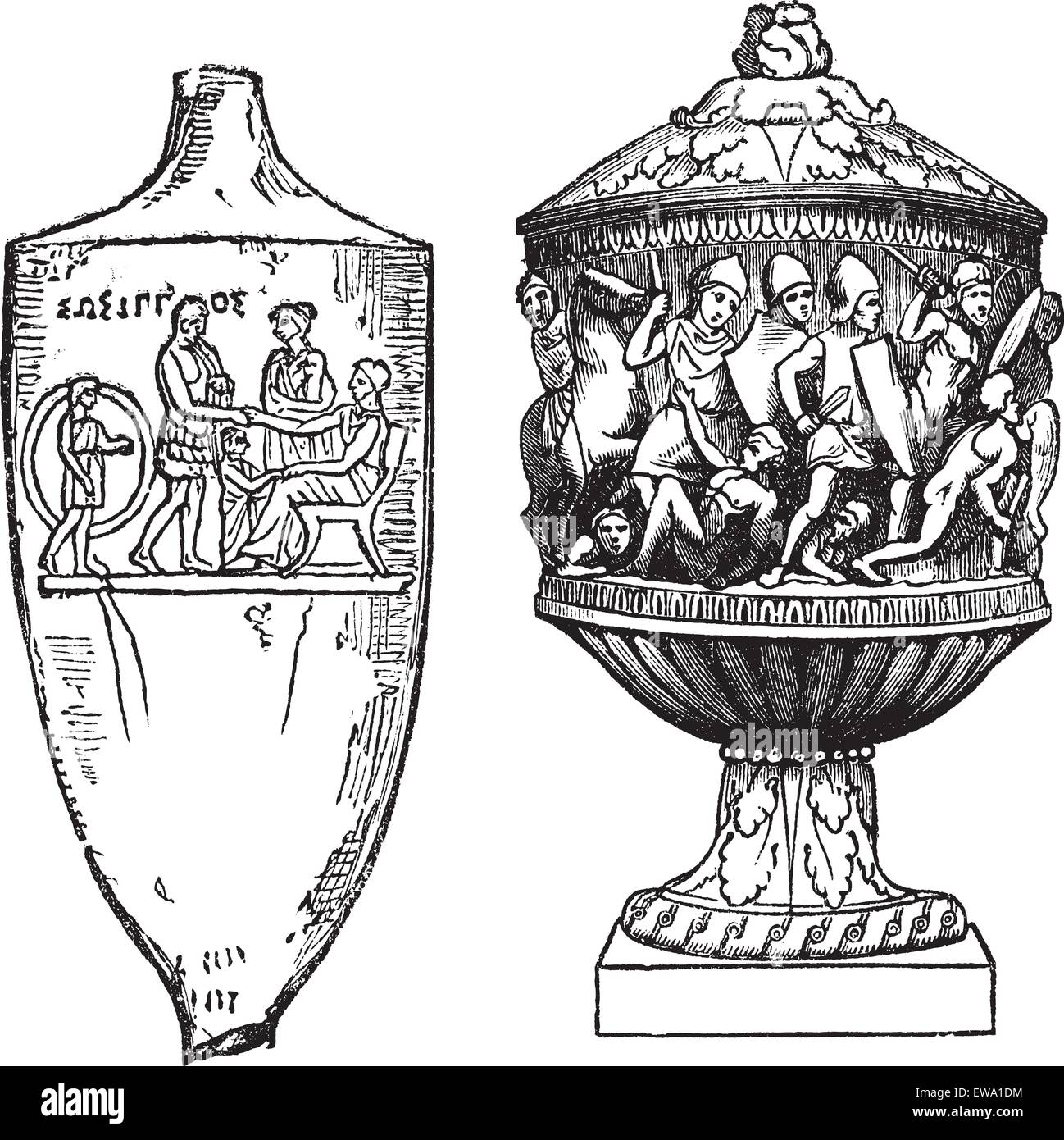 Les Grecs et les Romains, urnes, gravure d'époque. Vieille illustration gravée de grec (à gauche) et romain (droit), urnes funéraires isolé sur Illustration de Vecteur