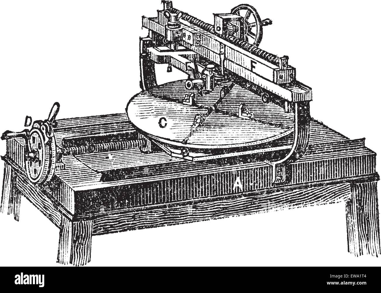 Machine de gravure, gravure d'époque. Vieille illustration gravée de gravure machine avec le fonctionnement des pièces, isolé sur un w Illustration de Vecteur