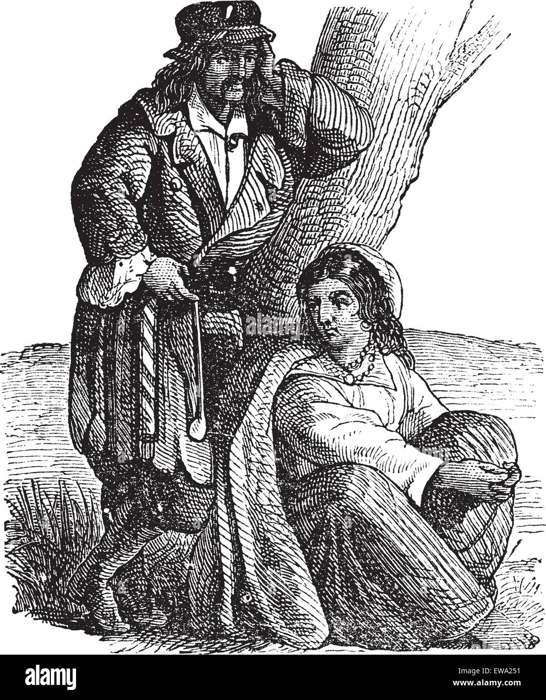 Jeune couple tsigane par tree vintage la gravure. Vieille illustration gravée de Gypsy Woman, femme assise alors que man leaning on tree Illustration de Vecteur