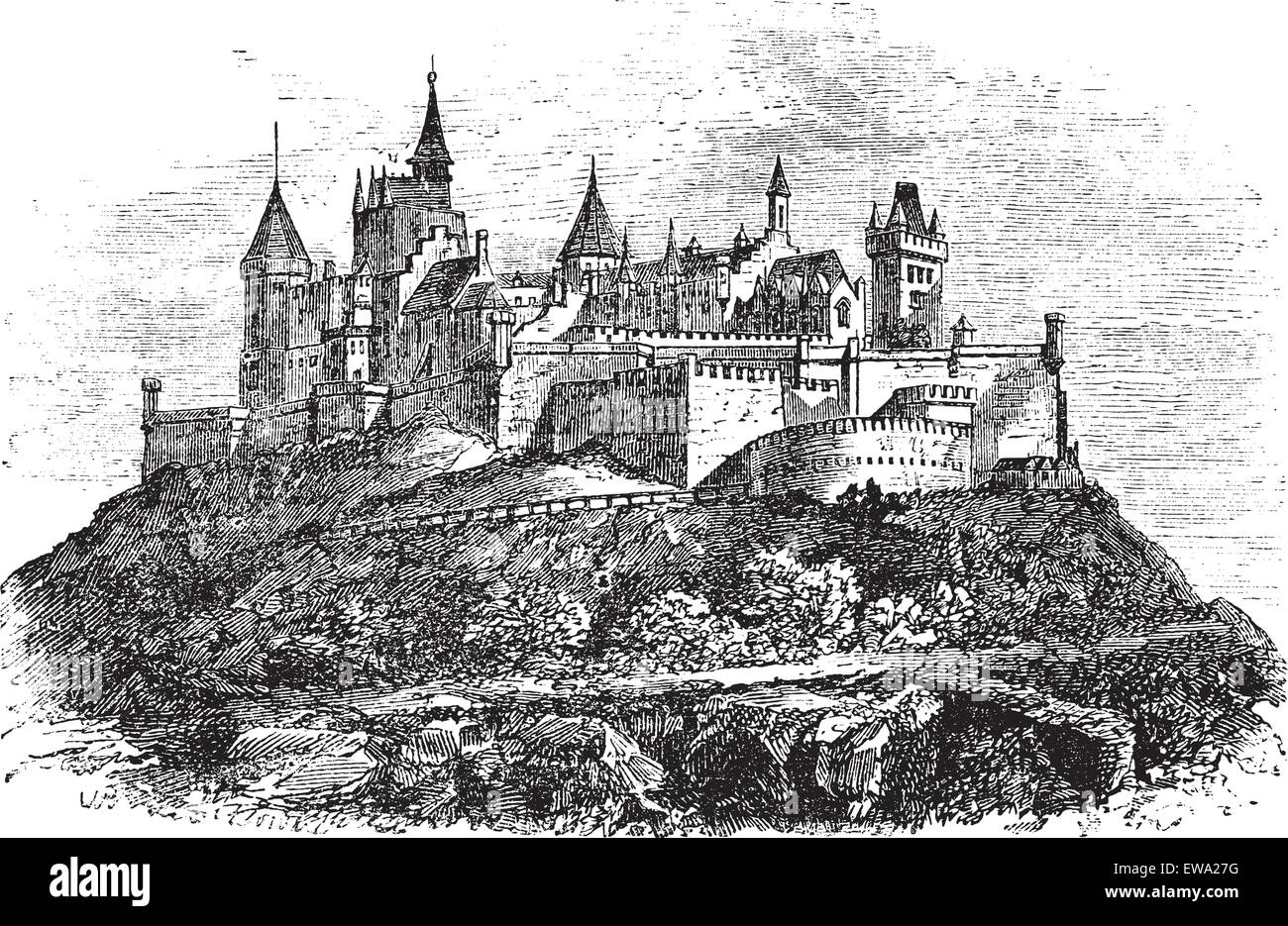 Le Château de Hohenzollern ou Burg Hohenzollern à Stuttgart, en Allemagne, au cours des années 1890, vintage la gravure. Vieille illustration gravée o Illustration de Vecteur