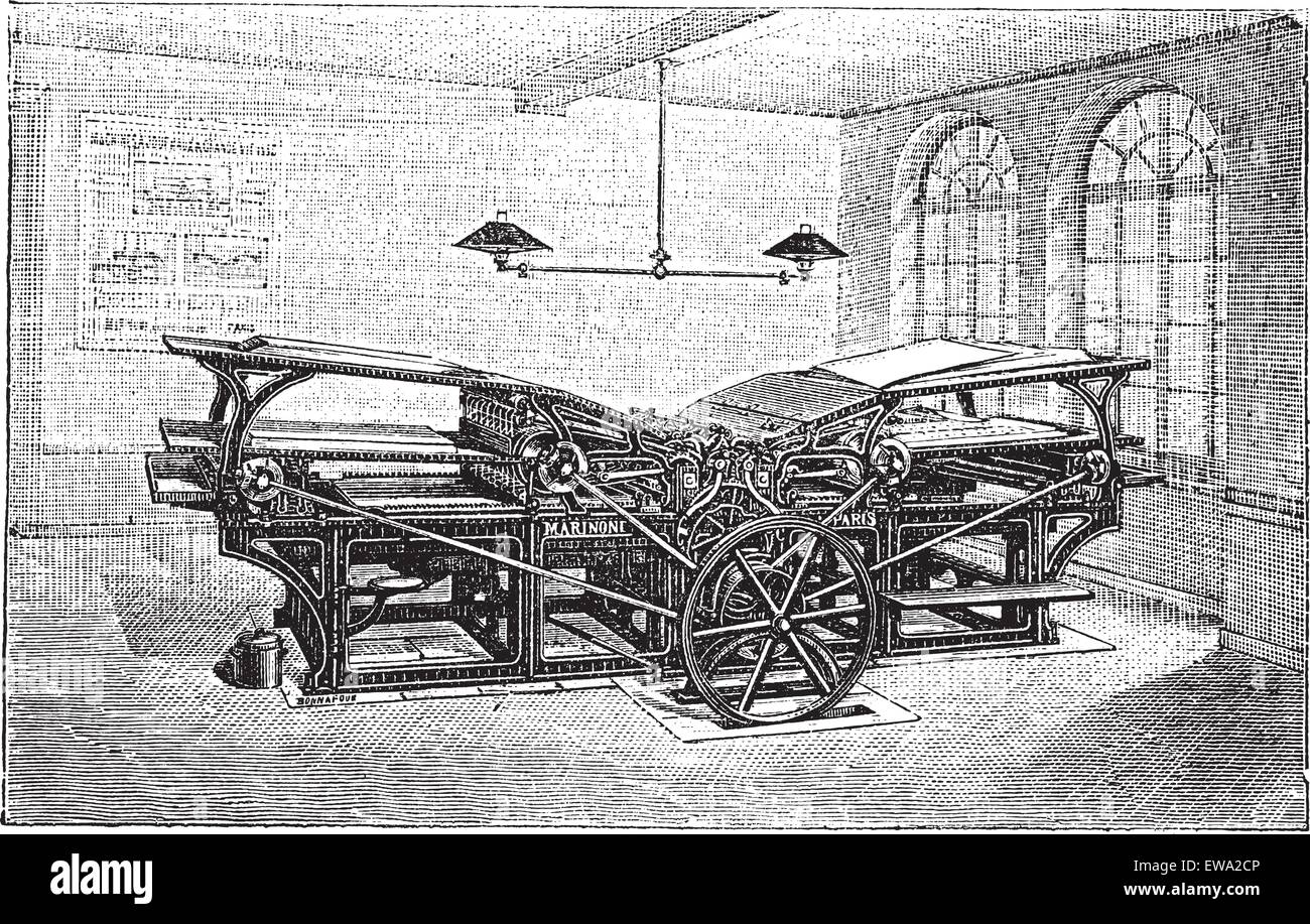 Presse d'impression double Marinoni, gravure d'époque. Vieille illustration gravée de Marinoni presse d'impression double dans l'usine. Illustration de Vecteur