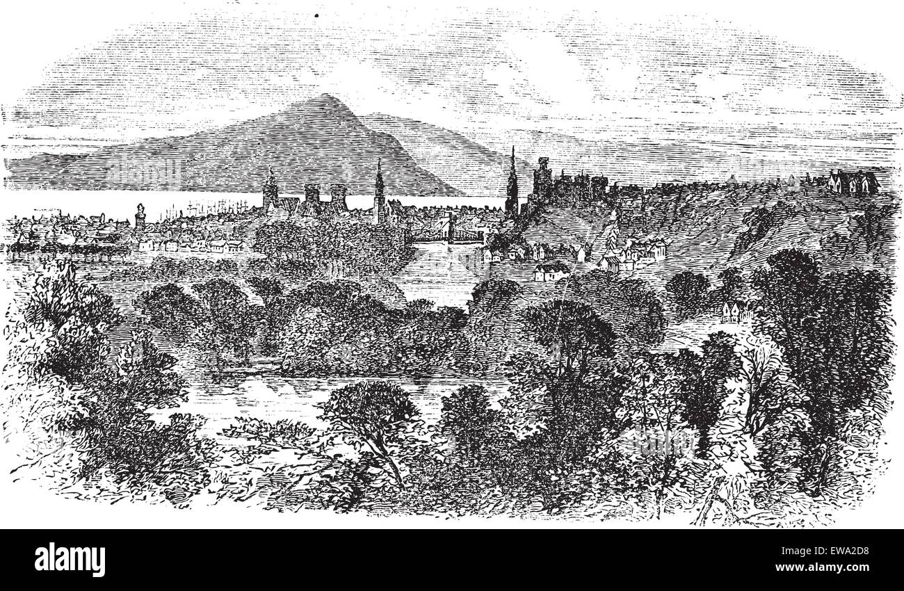 Inverness en Écosse, au cours des années 1890, vintage la gravure. Vieille illustration gravée d'Inverness avec arbres et rivière devant Illustration de Vecteur
