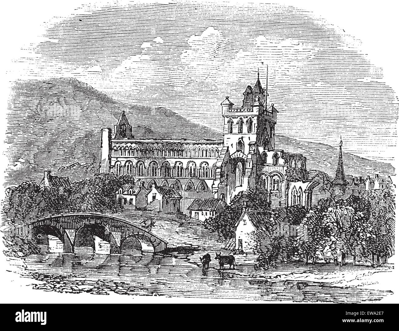 Abbaye de Jedburgh en Ecosse, au cours des années 1890, vintage la gravure. Vieille illustration gravée de l'abbaye de Jedburgh avec lac et bridg Illustration de Vecteur