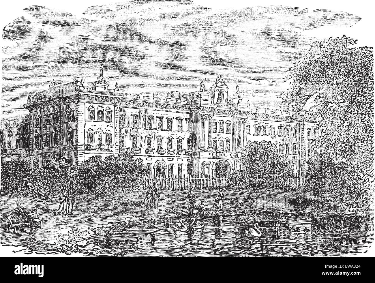Le palais de Buckingham ou Buckingham House à Londres, en Angleterre, pendant les années 1890, gravure d'époque. Vieille illustration gravée de Buckingham Palace avec le lac et les gens en face. Illustration de Vecteur