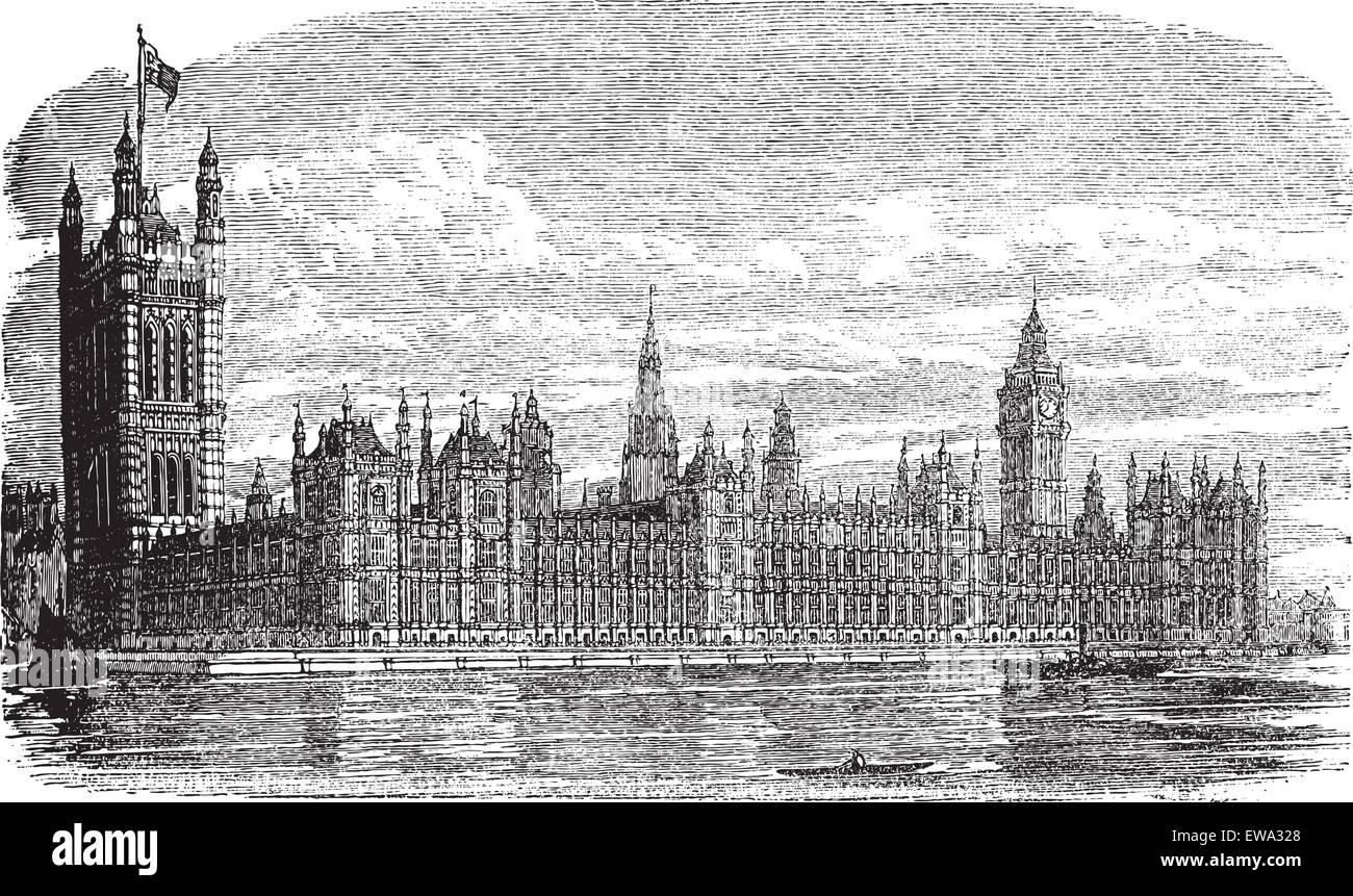 Palais de Westminster ou chambres du Parlement ou Palais de Westminster à Londres, en Angleterre, pendant les années 1890, gravure d'époque. Vieille illustration gravée du Palais de Westminster avec Tamise en face. Illustration de Vecteur