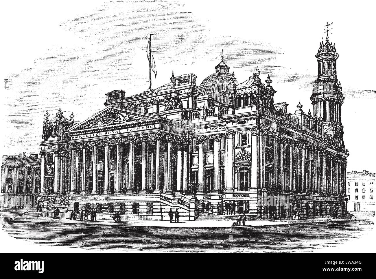 Royal Exchange à Manchester, en Angleterre, pendant les années 1890, gravure d'époque. Vieille illustration gravée du Royal Exchange. Illustration de Vecteur
