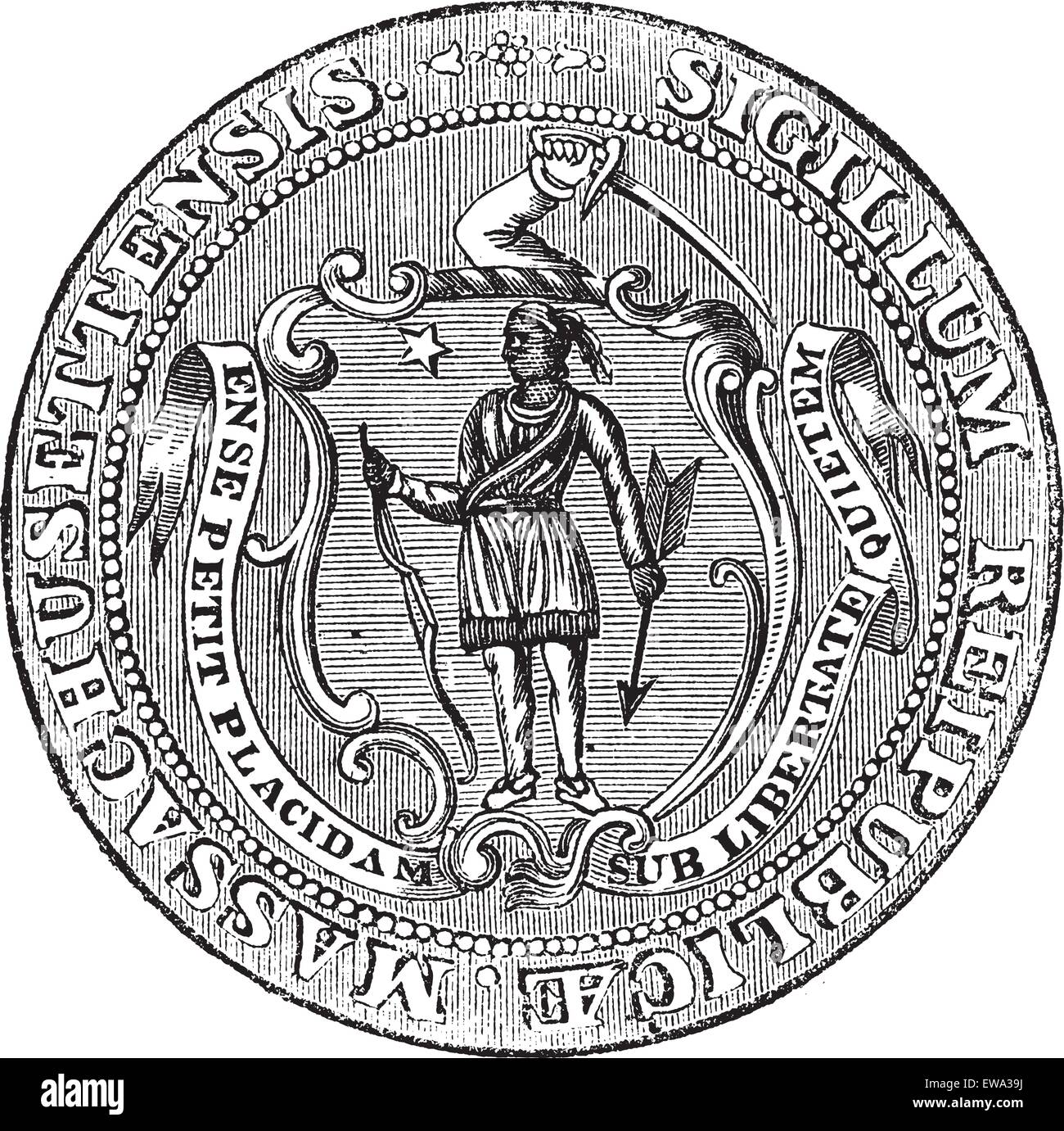 Grand sceau du Commonwealth du Massachusetts ou le sceau de la République de Californie, États-Unis, gravure d'époque. Illustration de Vecteur