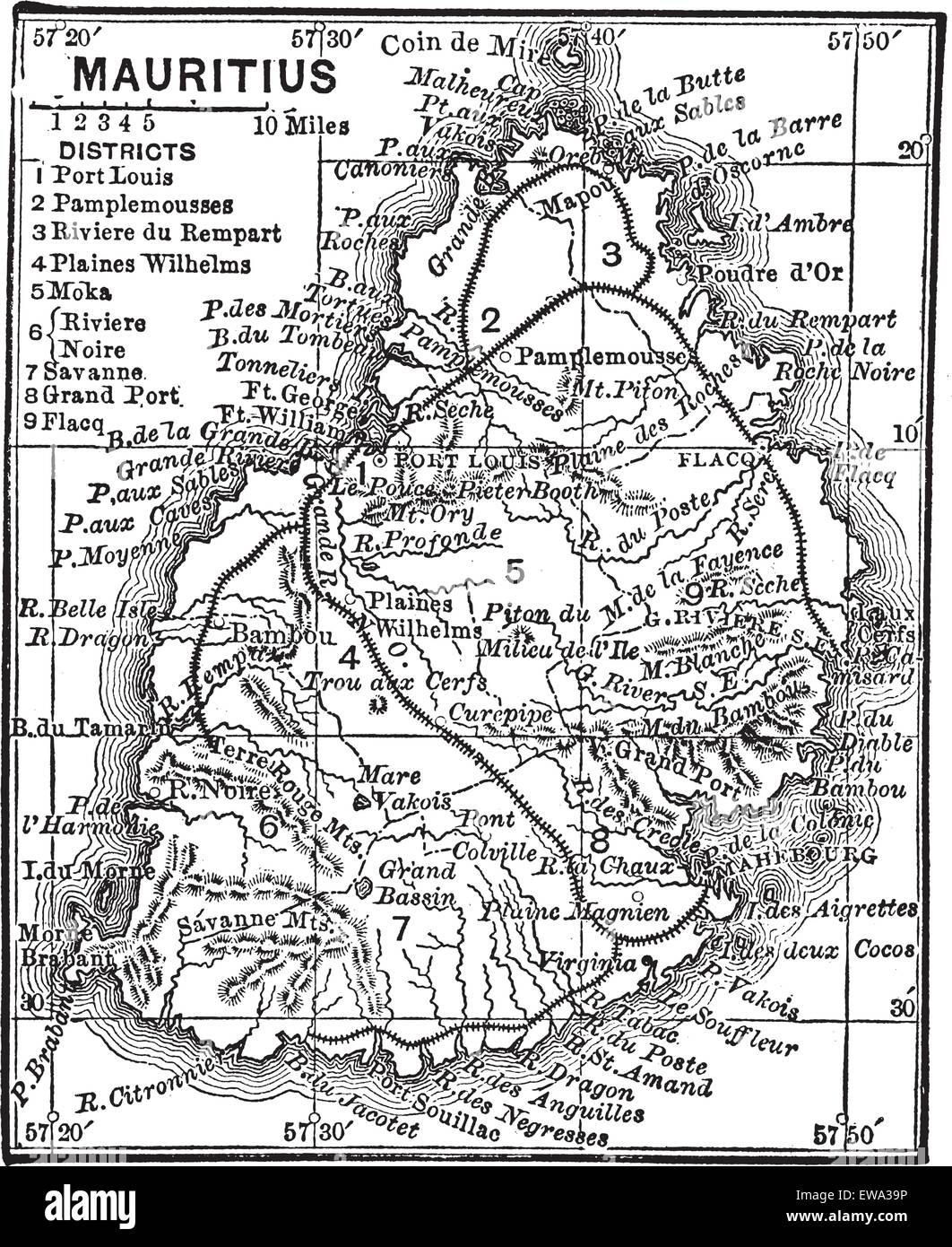 Carte de l'Île Maurice, au cours des années 1890, vintage la gravure. Vieille illustration gravée de la carte de l'île Maurice. Illustration de Vecteur