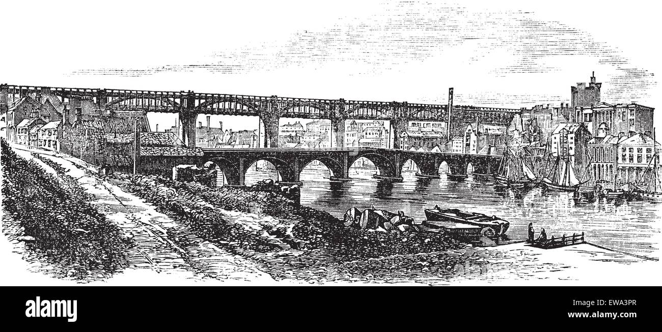 Newcastle-upon-Tyne en Angleterre, Royaume-Uni, vintage engraved illustration. Encyclopédie Trousset (1886 - 1891). Illustration de Vecteur