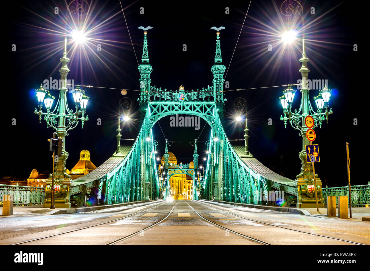 Pont de la liberté traversant le Danube à Budapest, Hongrie dans la nuit Banque D'Images