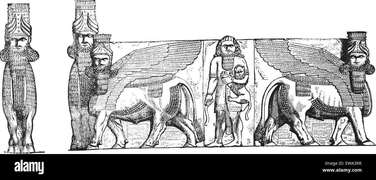 Reliefs à l'entrée de Kuyunjik Palais ruine, à Mosul, Iraq, vintage engraved illustration. Encyclopédie Trousset (1886 - 1891). Illustration de Vecteur