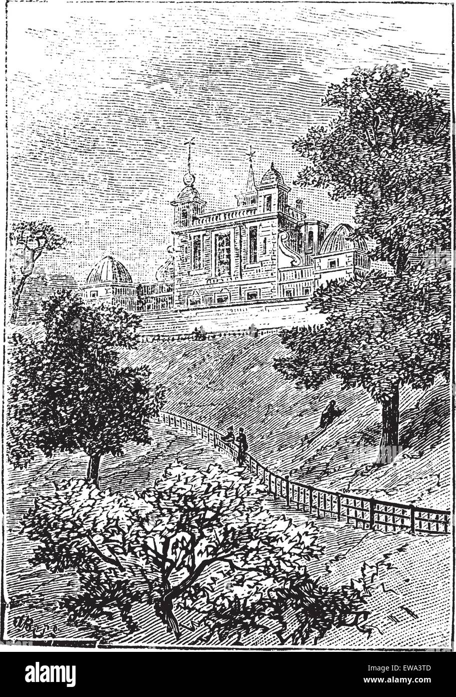 Observatoire Royal de Greenwich, Londres, Angleterre, Royaume-Uni, vintage engraved illustration. Encyclopédie Trousset (1886 - 1891). Illustration de Vecteur