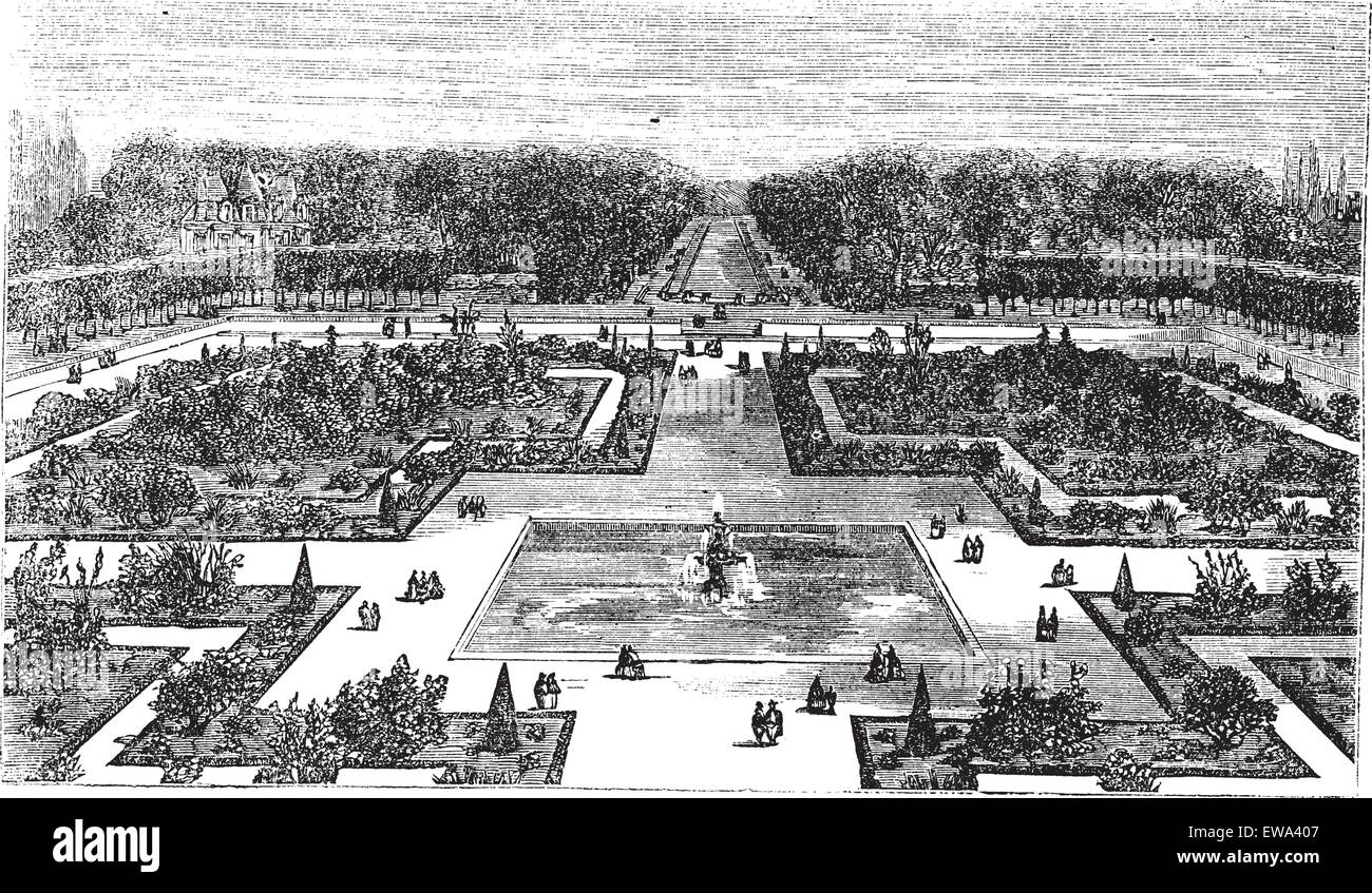 Parc de Fontainebleau en France, pendant les années 1890, gravure d'époque. Vieille illustration gravée de parc de Fontainebleau vue du château. Illustration de Vecteur