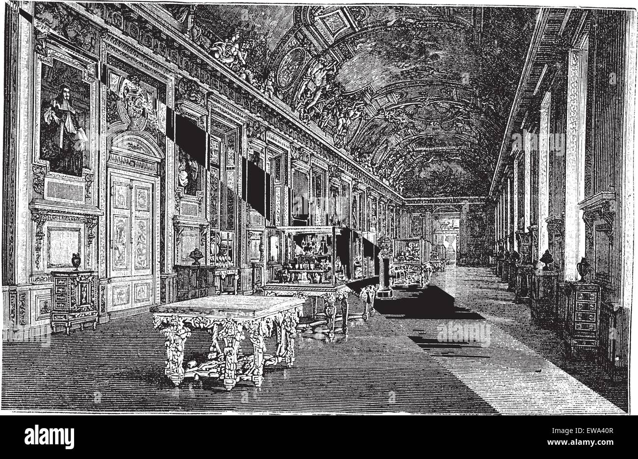 Galerie d'Apollon au Musée du Louvre à Paris, France, pendant les années 1890, gravure d'époque. Vieille illustration gravée d'Apollon Gallery. Illustration de Vecteur