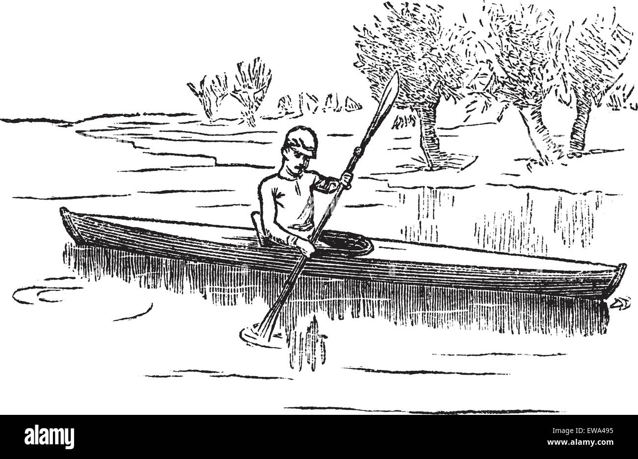 Canot ou canoë canadien, gravure d'époque. Vieille illustration gravée de l'homme kayak dans le lac. Illustration de Vecteur