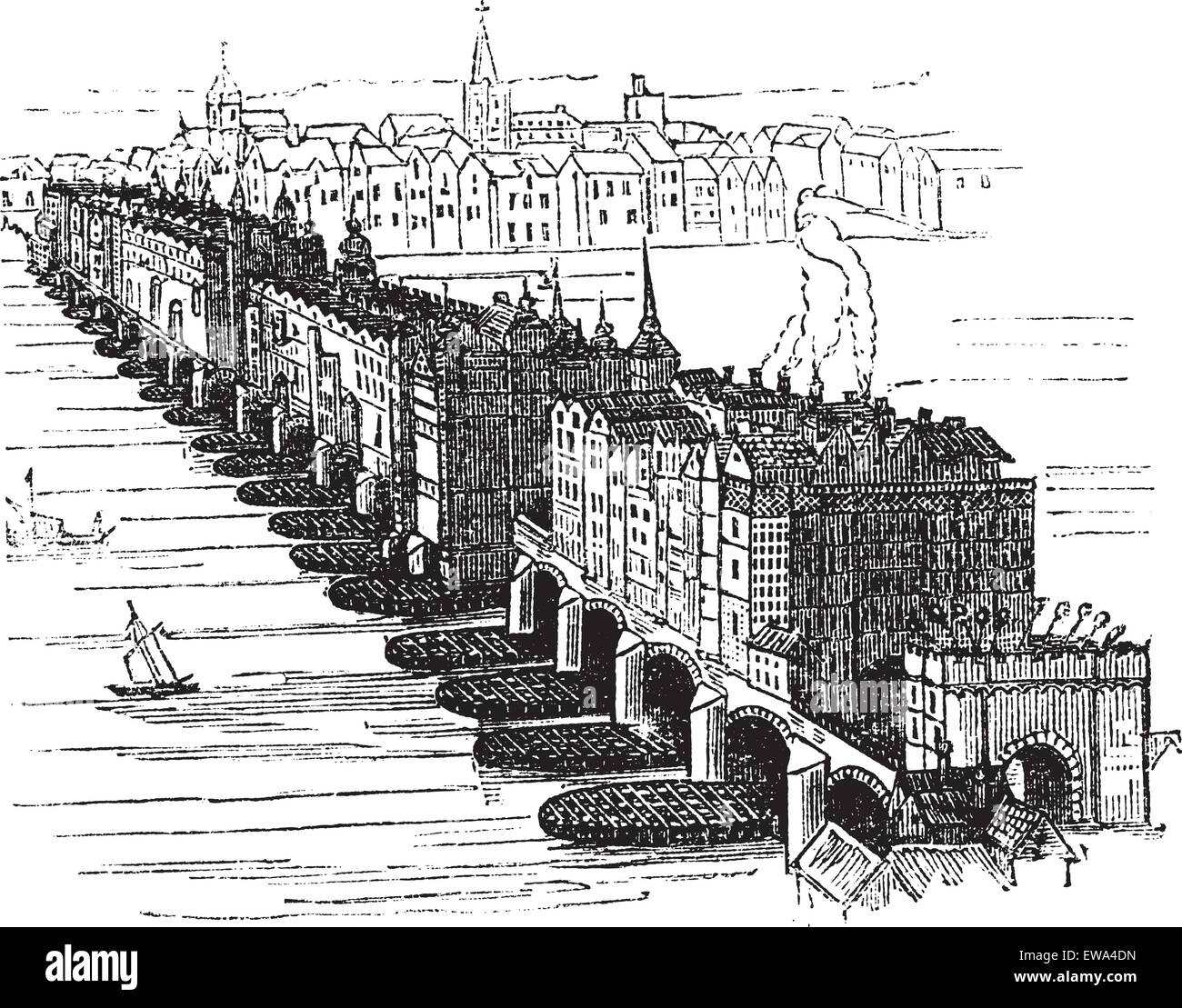 Ancienne cité médiévale du Pont de Londres, en Angleterre, Royaume-Uni, en 1616, vintage engraved illustration. Encyclopédie Trousset (1886 - 1891). Illustration de Vecteur