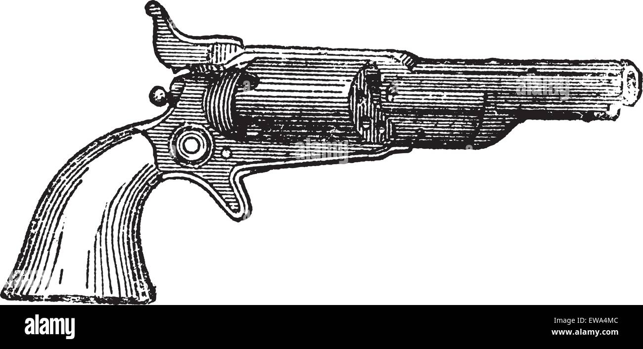 Revolver Colt, gravure d'époque. Vieille illustration gravée de revolver Colt isolé sur un fond blanc. Illustration de Vecteur