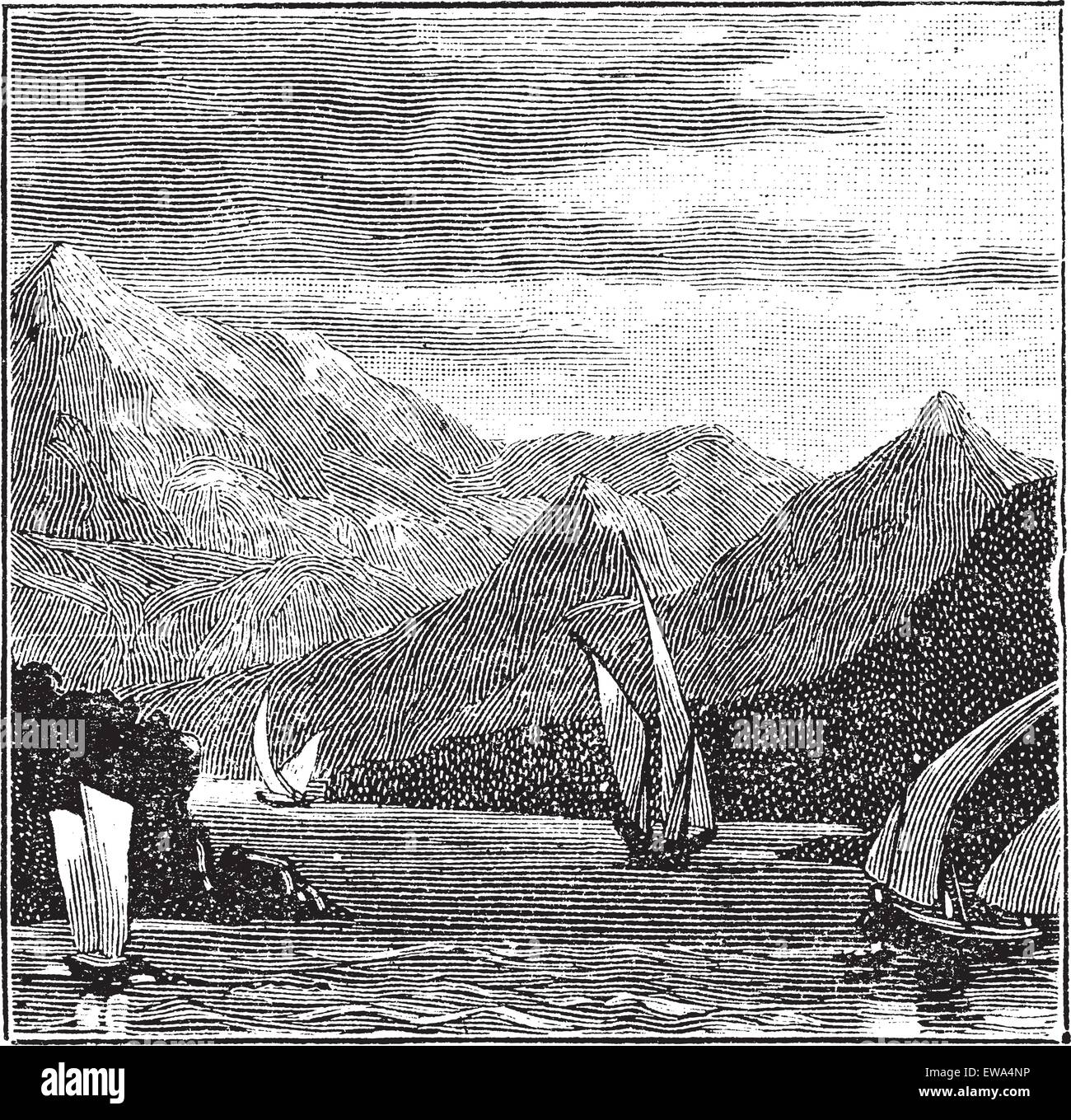 Salamine dans Golfe de Saros, la Grèce, au cours des années 1890, vintage la gravure. Vieille illustration gravée de l'île de Salamine avec bateaux Illustration de Vecteur
