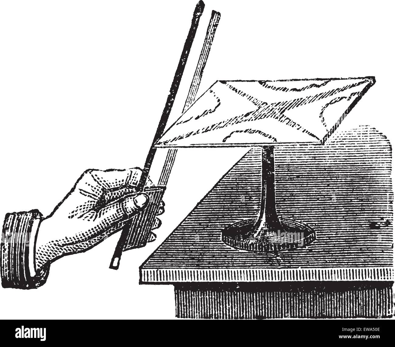 La façon de produire les figures de Chladni avec plaque carrée, gravure d'époque. Ancien gravé illustration de la façon de produire les figures de Chladni avec plaque carrée. Illustration de Vecteur