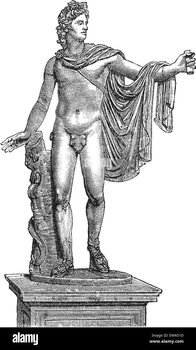 Apollo Apollo Belvedere ou du Belvédère ou Pythiques Apollo dans la Cité du Vatican, la gravure d'époque. Vieille illustration gravée de la statue d'Apollon Belvedere. Illustration de Vecteur