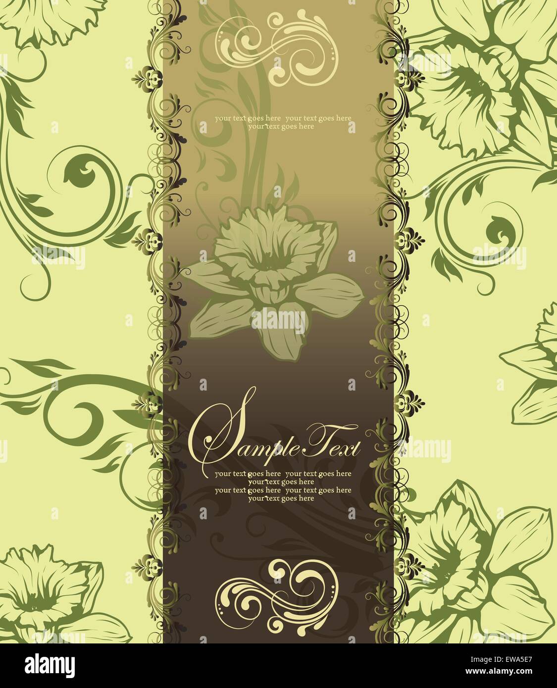 Carte d'invitation Vintage Retro élégant décoré abstract floral design, vert olive sur les fleurs et les feuilles jaune vert Illustration de Vecteur