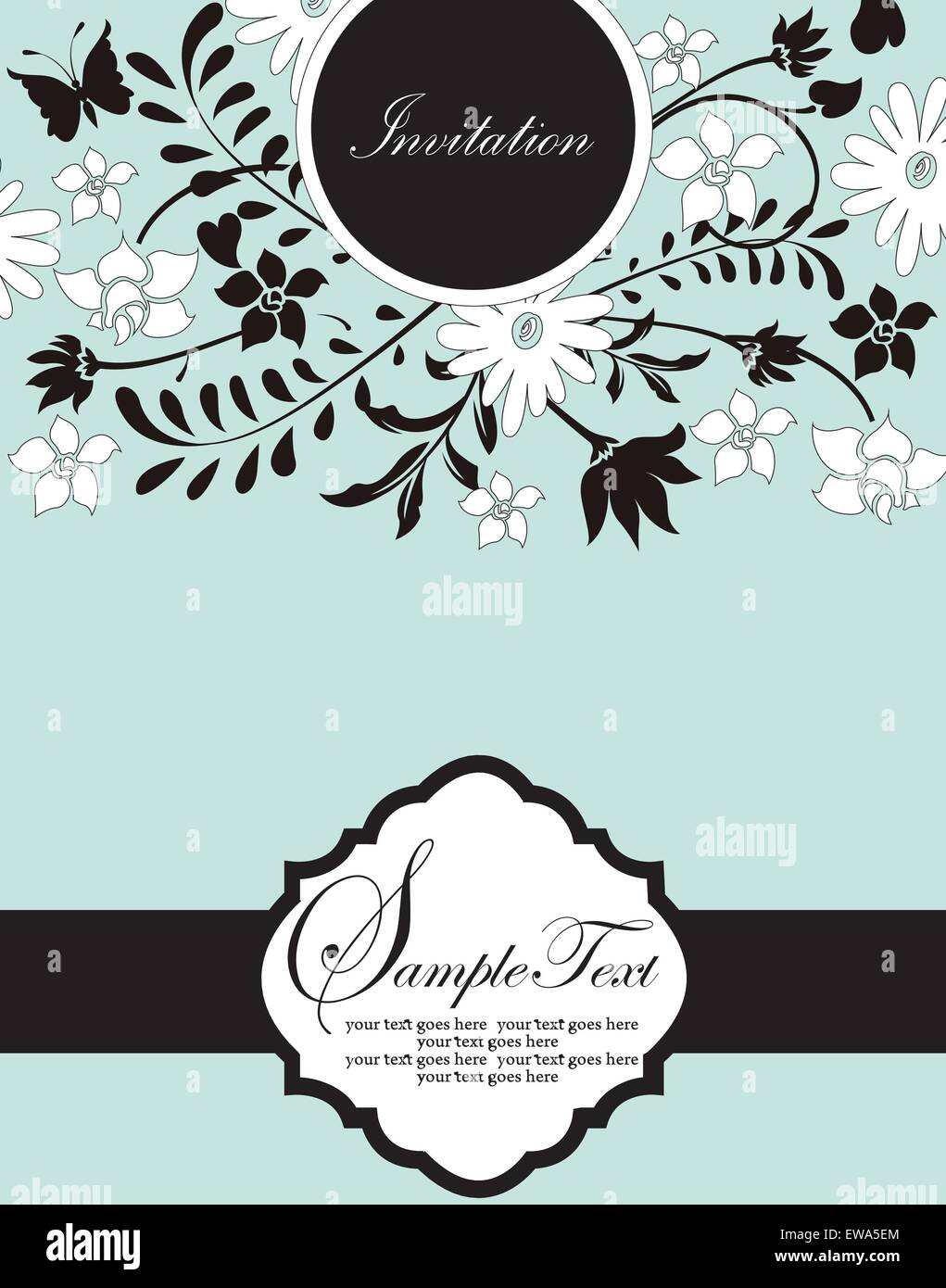 Carte d'invitation Vintage Retro élégant décoré abstract floral design, noir et blanc fleurs et feuilles sur cyan Illustration de Vecteur