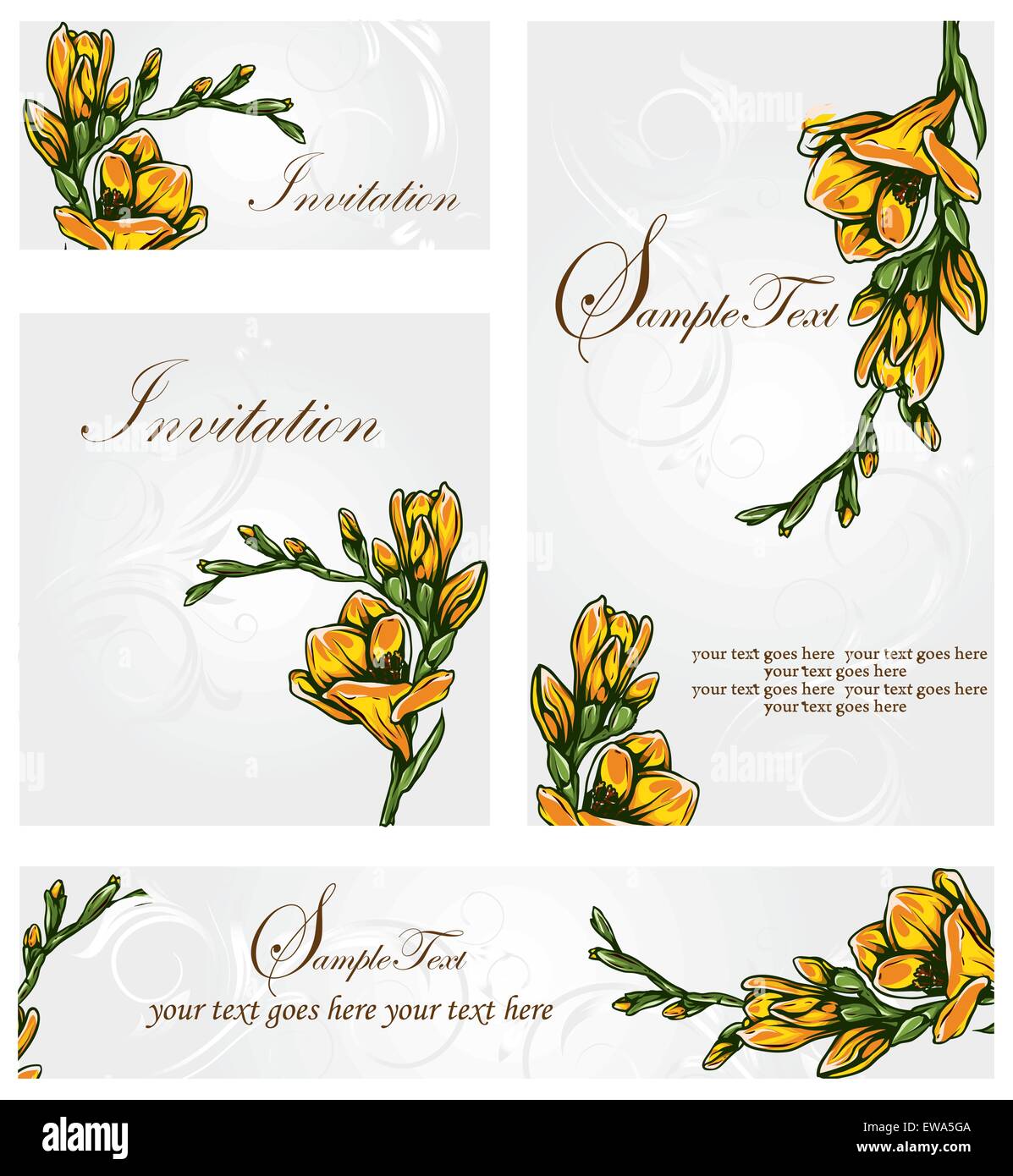 Ensemble de quatre (4) vintage carte d'invitation avec des rétro élégant abstract floral design, jaune orange fleurs et feuilles vertes sur fond gris avec étiquette de texte. Vector illustration. Illustration de Vecteur