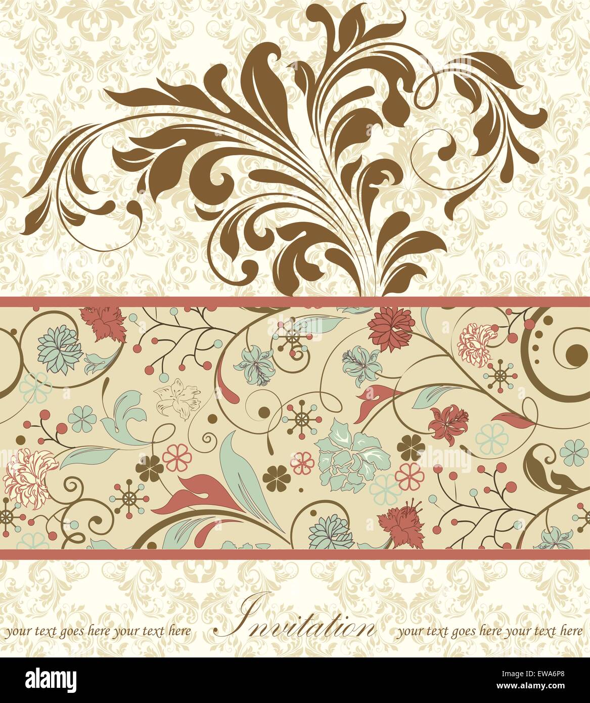 Carte d'invitation Vintage Retro élégant décoré abstract floral design, multi-couleur des fleurs et des feuilles sur l'or pâle Illustration de Vecteur