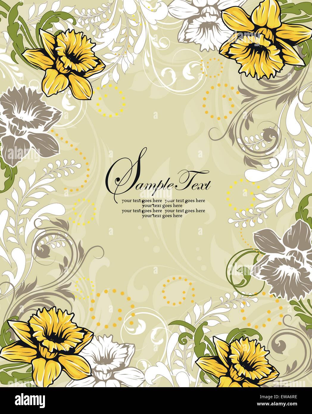 Carte d'invitation Vintage Retro élégant décoré abstract floral design, jaune vert olive gris et blanc, les fleurs et les feuilles Illustration de Vecteur