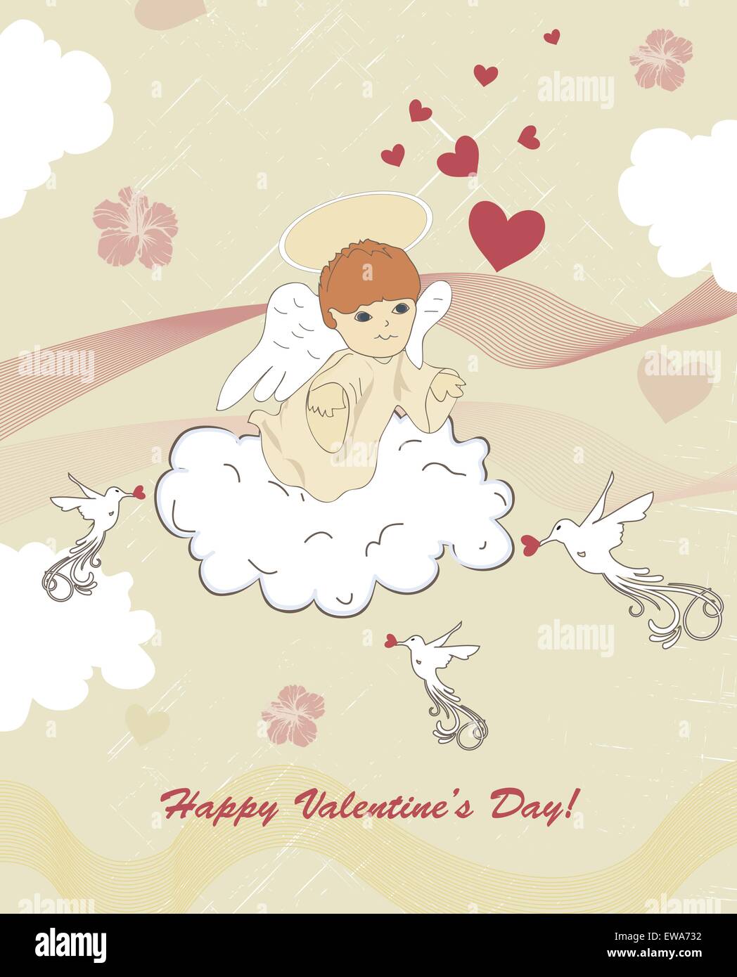 Vintage Valentine card with retro abstract design élégant, avec cupidon ange sur coeur fleurs nuage d'oiseaux et de ruban sur fond gris verdâtre avec étiquette de texte. Vector illustration. Illustration de Vecteur