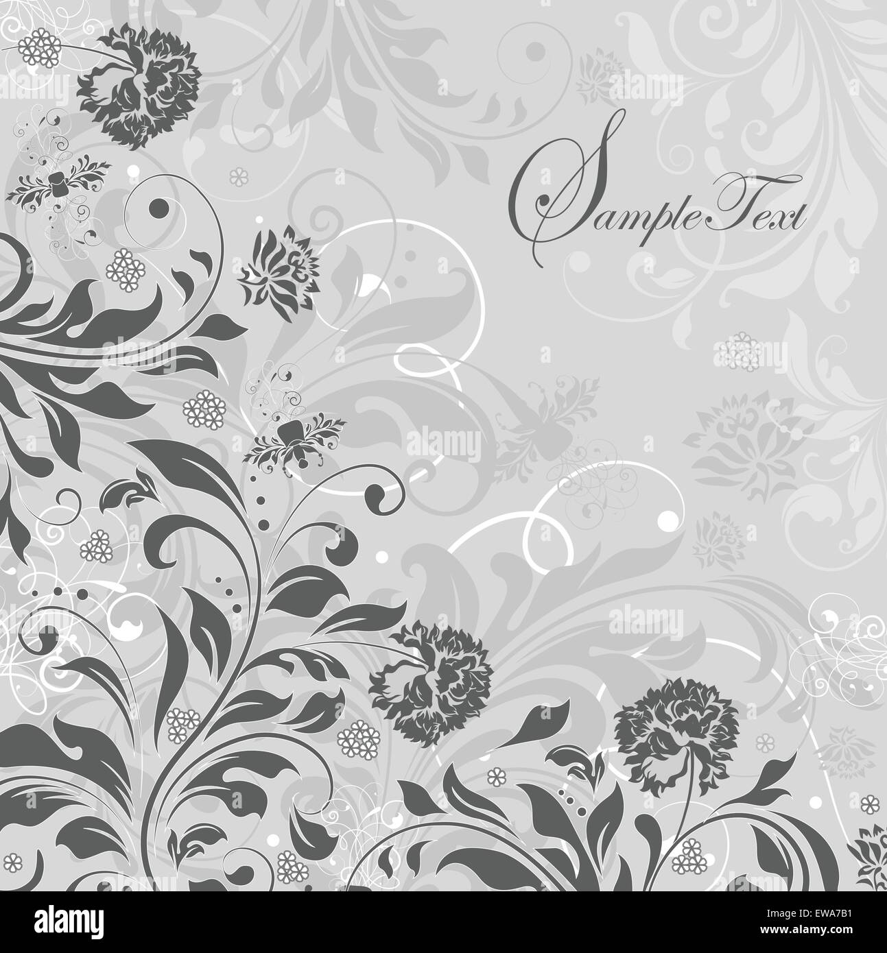 Carte d'invitation Vintage Retro élégant décoré abstract floral design, fleurs et feuilles gris foncé sur fond blanc et gris clair. Vector illustration. Illustration de Vecteur