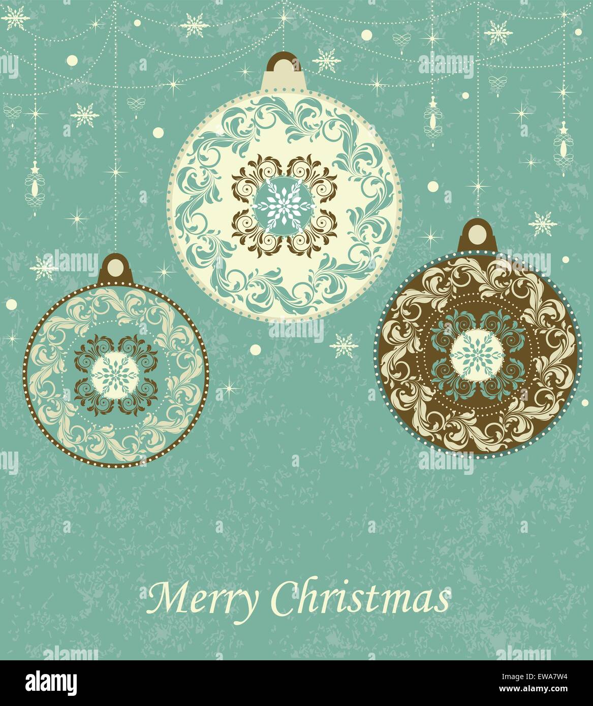 Carte de Noël Vintage rétro élégant décoré abstract floral design, snowflake snow stars lanternes et boules à laurel jaune pâle vert et brun chocolat fleurs et feuilles circulaires sur fond vert de laurier avec étiquette de texte. Vector illustration. Illustration de Vecteur