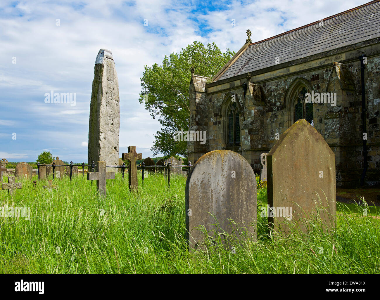 Pierre debout dans le cimetière de l'église All Saints, dans le village de Rudston, East Riding of Yorkshire, Angleterre, Royaume-Uni Banque D'Images