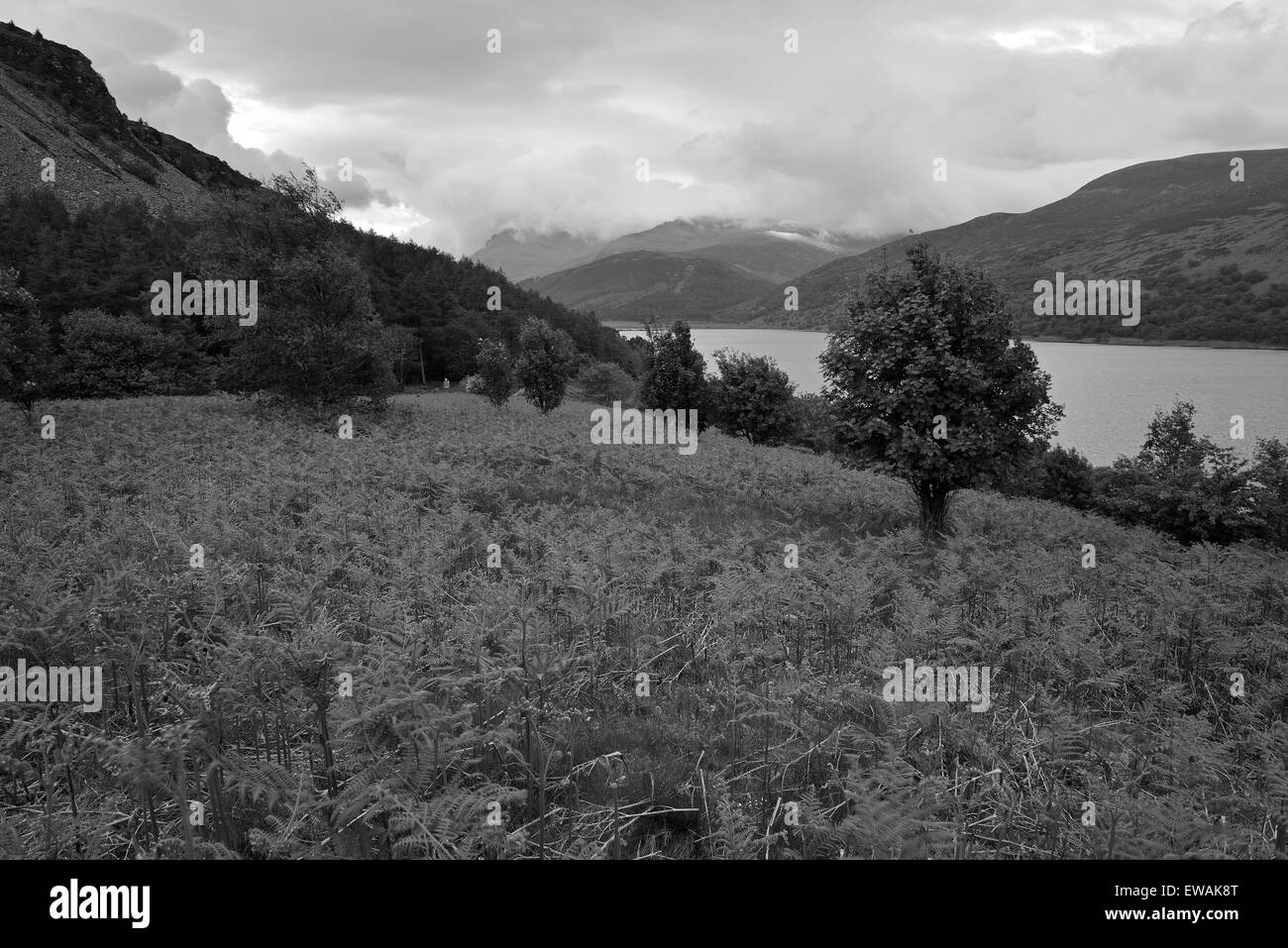 Tourné en noir et blanc d'Ennerdale Water West Cumbria sous un ciel couvert de nuages pendant la journée Banque D'Images