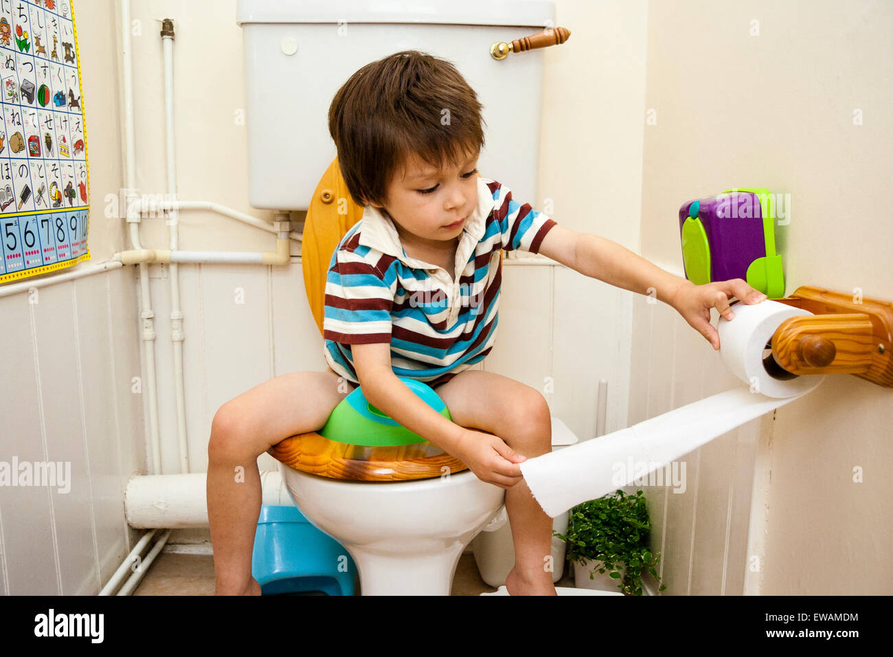 Caucasien enfant, garçon, 4-5 ans, en face, assis sur un siège de toilette  enfant toilettes et en tirant sur le papier toilette du support sur le mur  à côté de lui Photo