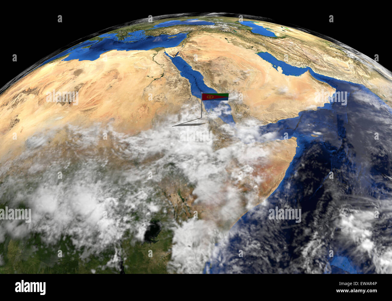 Drapeau de l'Érythrée sur perche sur terre globe illustration - éléments de cette image fournie par la NASA Banque D'Images