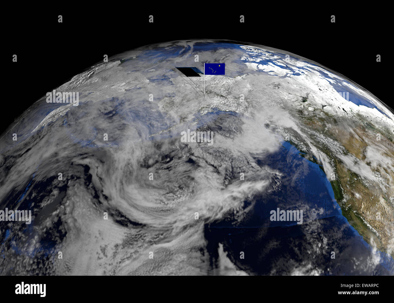 Drapeau de l'Alaska sur perche sur terre globe illustration - éléments de cette image fournie par la NASA Banque D'Images