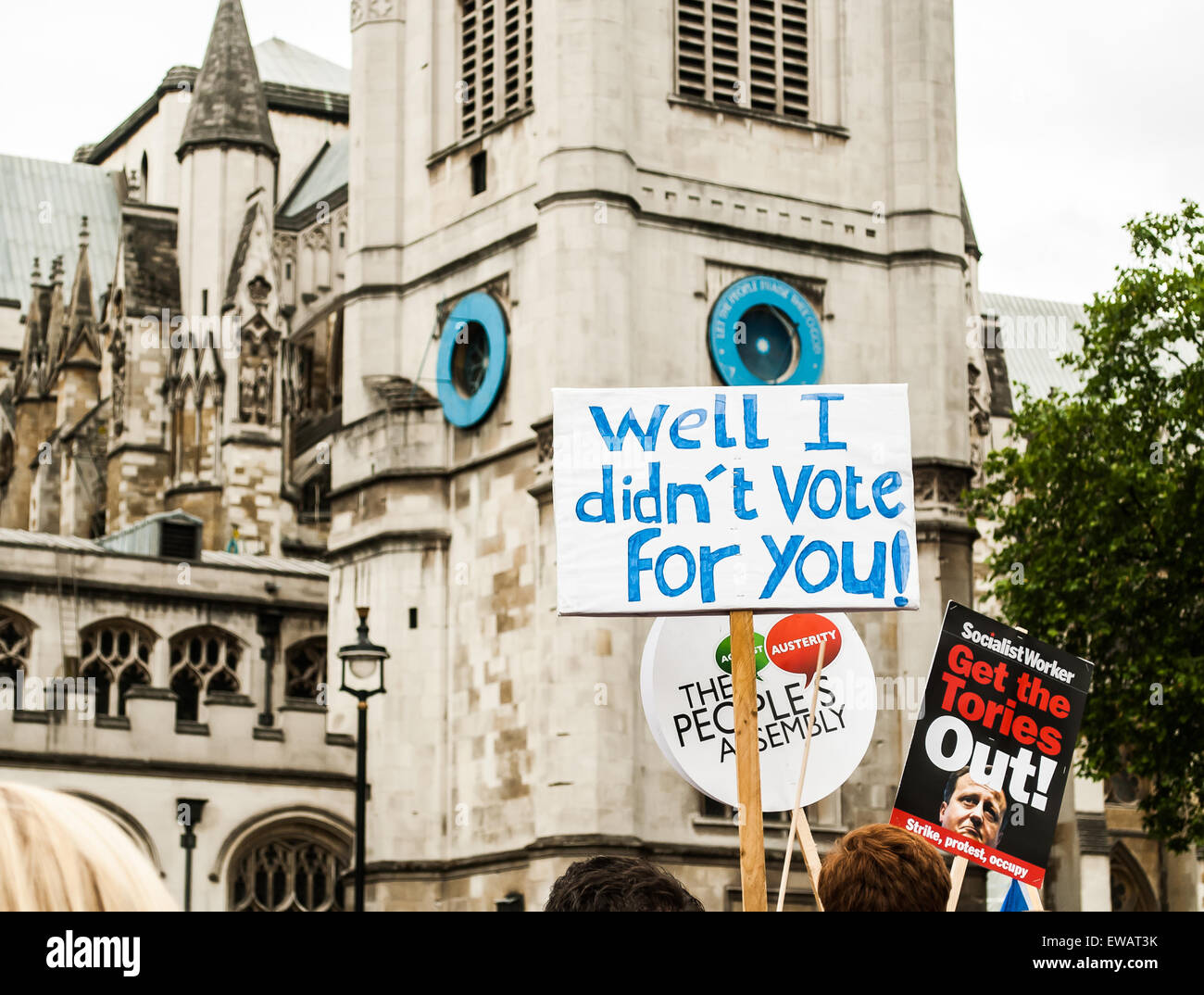 Un panneau à l'anti-austérité mars à Londres, juin 2015 Banque D'Images