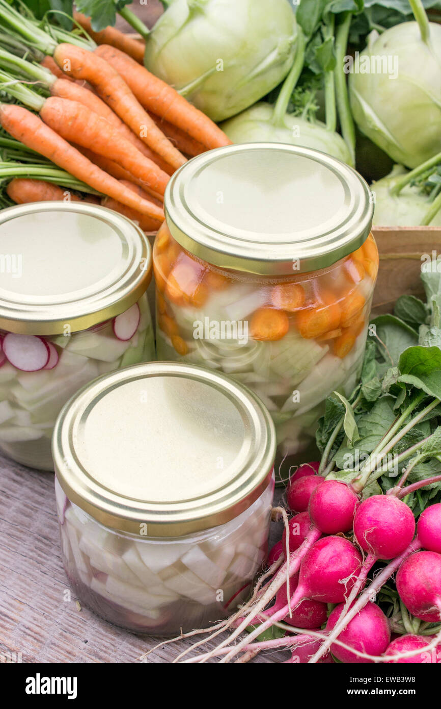 Lunettes avec de l'acide lactique légumes marinés, des navets, carottes et radis Banque D'Images
